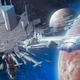 An illustration of the Halcyon galactic starcruiser races from the Starlight Beacon space station into the depths of space.